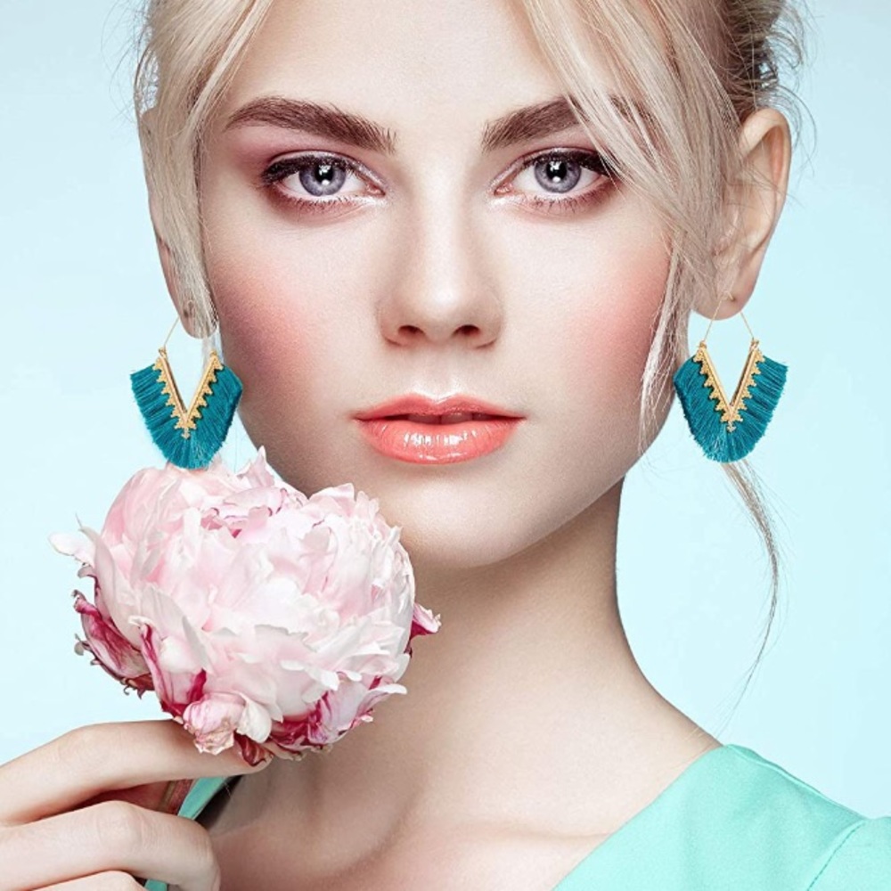 Teal and gold boho fringe V-shaped earrings
